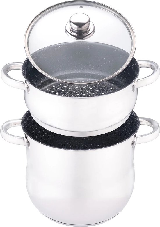 Royal Swiss ® Couscous pan - 12 Liter - Ø 24 cm - RVS - Hoogwaardige kwaliteit - Rijst en groentestomer - Inductie - Couscous maker - Glazen Deksel - Couscoussier
