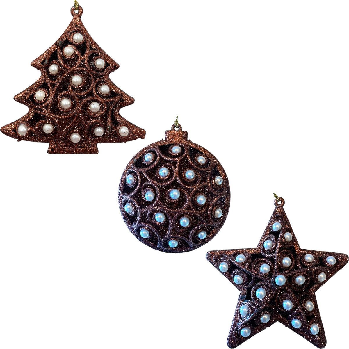 HEM Kerstornamenten Set Brons – 3-delig – Luxe Kersthangers met Parels & Glitters – Ster, Bal & Boom – Chique Kerstversiering voor in de Kerstboom