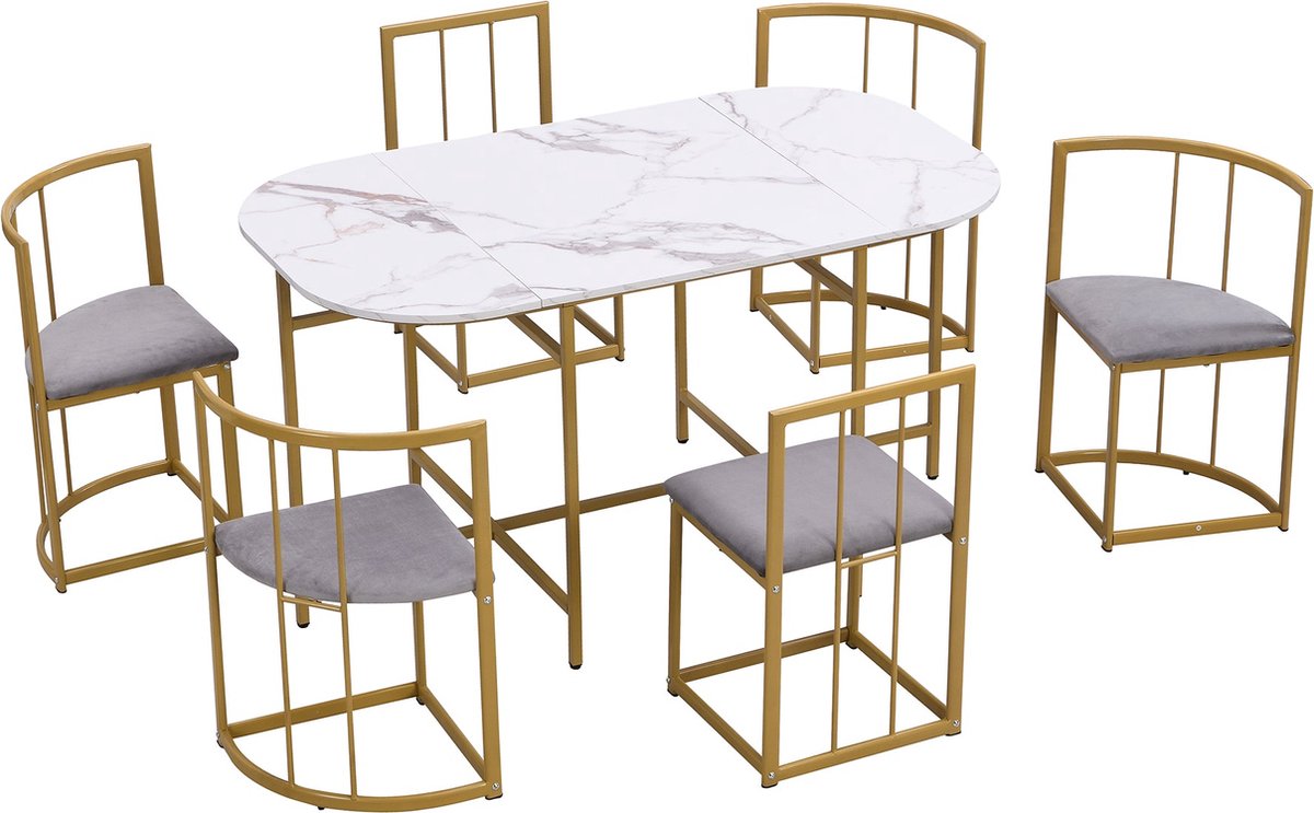 Merax Sechs-Stuhl Esstischset:(Weißer Tisch, Stühle mit Rückenlehnen und grauen Polstern, Goldfarbenes Eisengestell),Esszimmertisch und Stuhlset,Moderne Esstischkombination(previous sku: 308399408AA) Wit