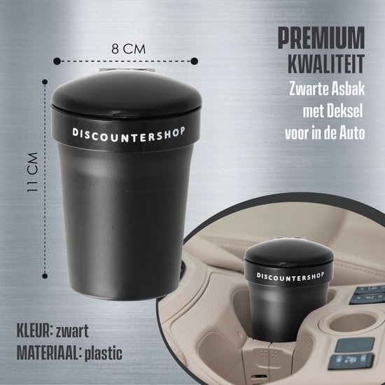 Zwarte auto asbak met deksel, 11cm hoog en 8cm breed, in een bekerhouder van een auto.
