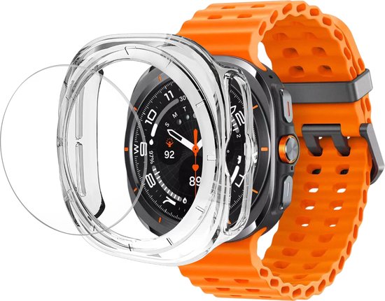Transparante hoes voor Samsung Galaxy Watch Ultra met oranje bandje.