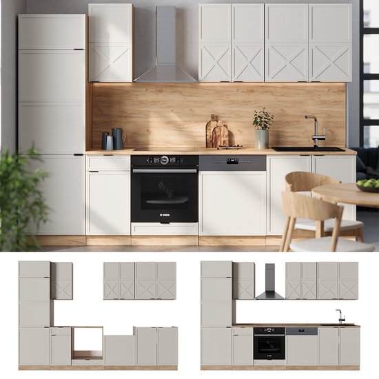 Vicco Fame- Line Meuble de cuisine complet – 300 cm, évier Grijs anthracite/beige/chêne doré