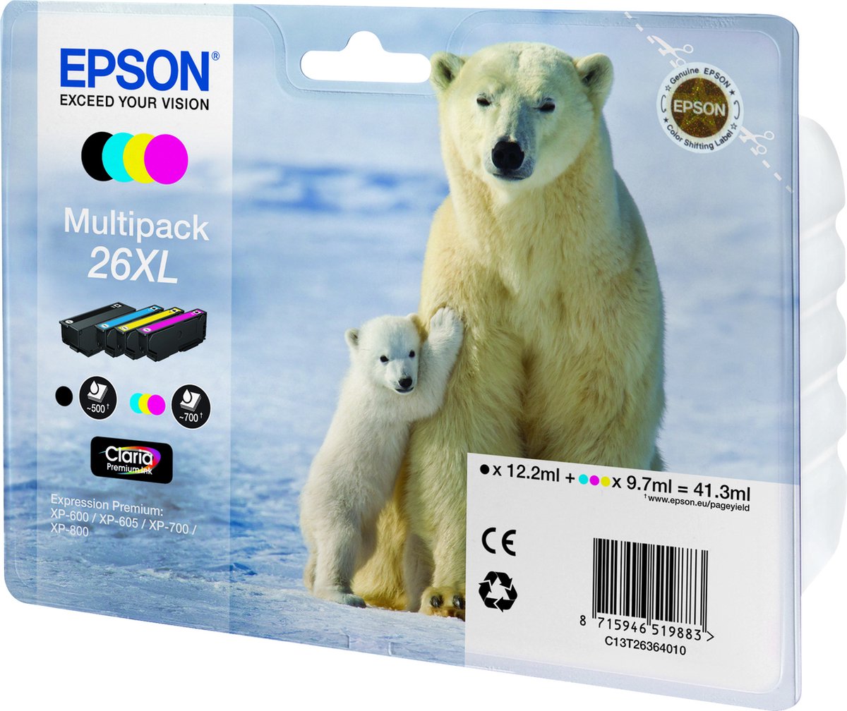 EPSON 26XL inktcartridge zwart en drie kleuren high capacity 41.3ml 1-pack RF-AM blister