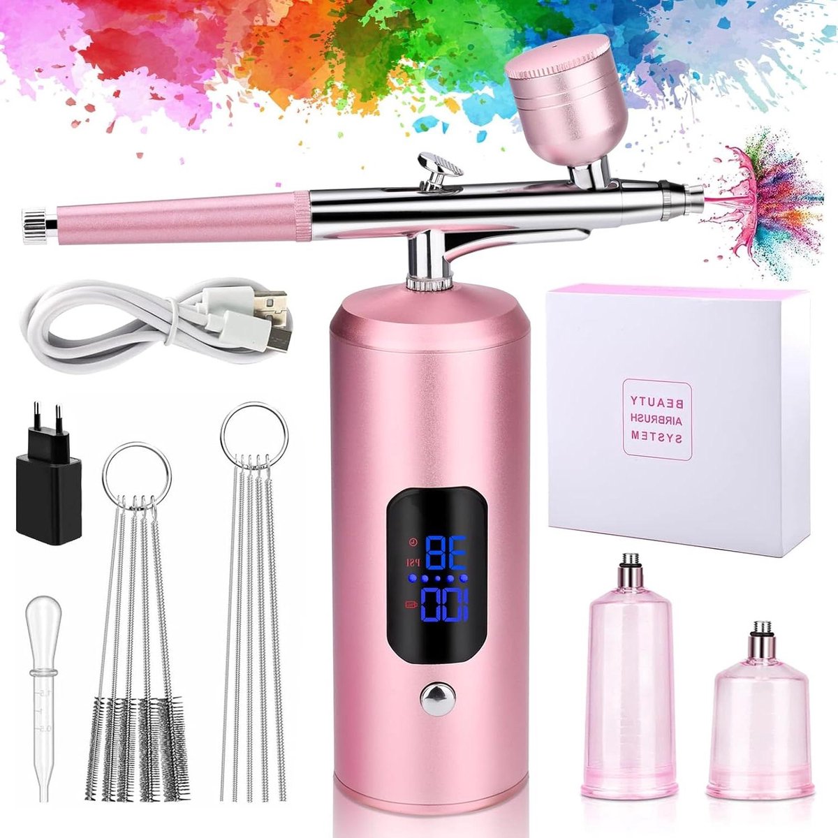 38PSI Cordless Spray Gun Kit for Cake Decoration Manicure Tattoos Face Painting - Complete Set with Compressor