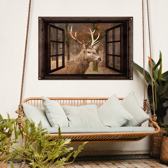 Tuinposter 120x80 cm - Tuindecoratie Hert - Dier - Bos - Herfst - Hertenkop - Bruin - Doorkijk - Poster voor in de tuin - Buiten decoratie - Schutting tuinschilderij - Tuindoek muurdecoratie - Wanddecoratie balkondoek