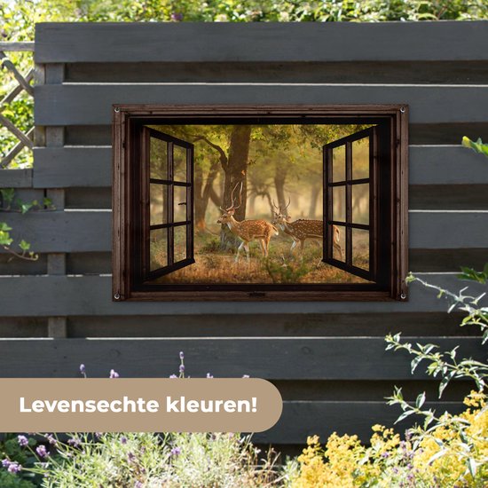 Tuinposter 120x80 cm - Tuindecoratie Herten - Bos - Herfst - Bosdieren - Natuur - Hert - Doorkijk - Poster voor in de tuin - Buiten decoratie - Schutting tuinschilderij - Tuindoek muurdecoratie - Wanddecoratie balkondoek