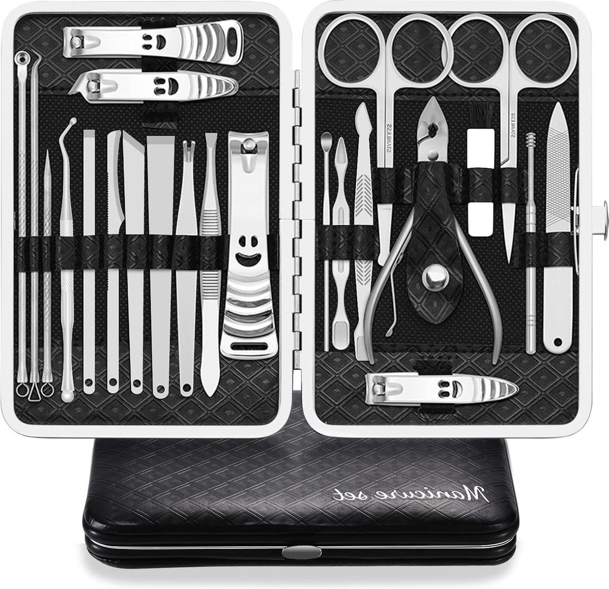 Manicure set Manicureset professionele nagelknipper kit pedicure care tools 23 stuks roestvrij stalen verzorgingsgereedschappen met zwart PU-lederen hoes voor reizen of thuis zwart zilver