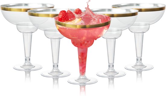 MATANA - 12 Herbruikbare Plastic Margarita Cocktailglazen 360ml - met Gouden Rand