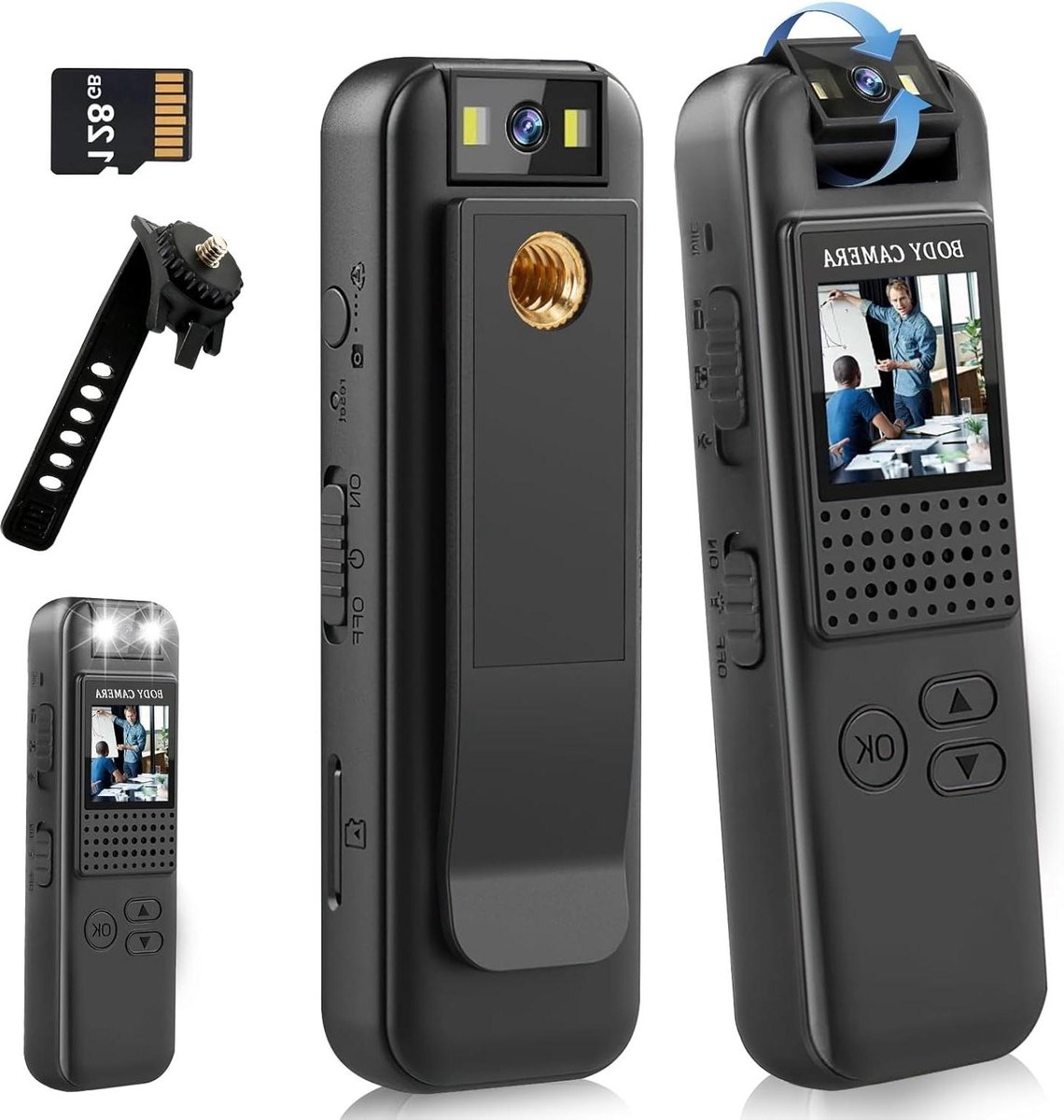 Bodycam lichaamscamera met audio- en video-opname 1080p grote groothoek met rugclip 180°-lens nachtzicht-bewegingsdetectie - dagelijkse opname-service