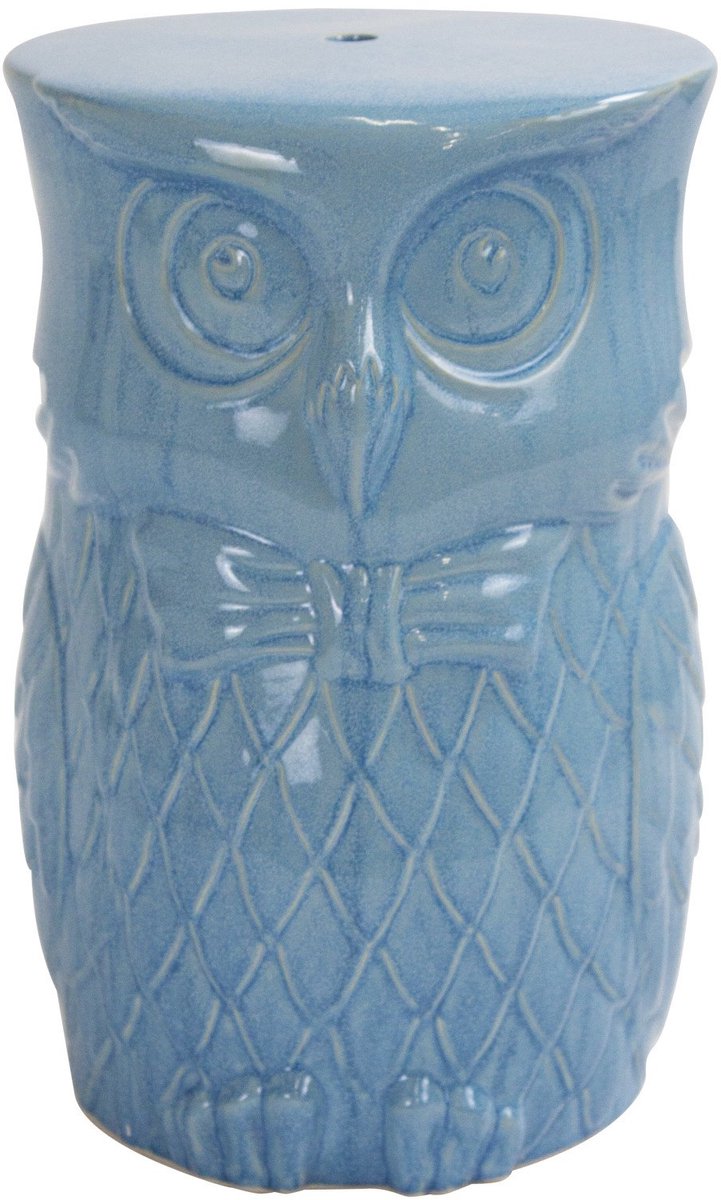 Fine Asianliving Keramische Kruk Uil Blauw Handgemaakt D33xH46cm Keramiek Bijzettafel Porselein Stoel Tuinkruk