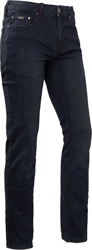 Donkerblauwe stretch jeans met vijf zakken.