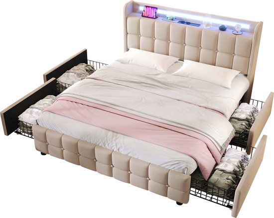 Merax Lit Double Queensize 160x200cm Comprenant Matras en Mousse Froide et 4 Tiroirs - Lit Rembourré avec Fonction de Chargement USB et LED- Siècle des Lumières - Beige
