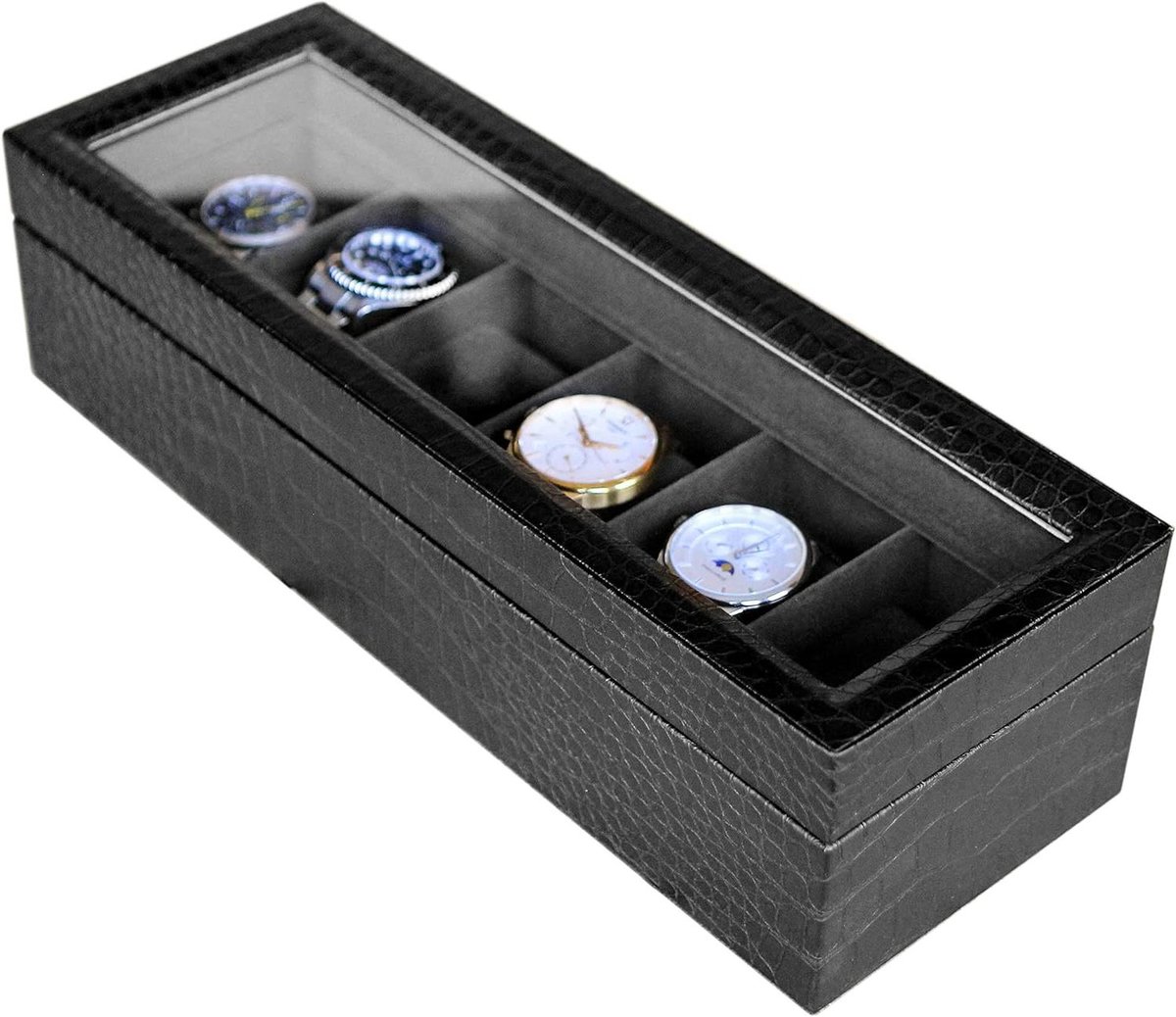 Elegant zwart kunstkrokodillenleer horlogedoos met echt glas - Luxe opbergbox voor horloges