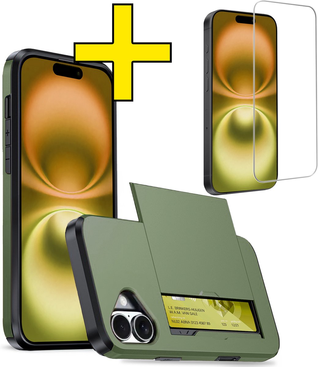 Hoesje Geschikt voor iPhone 16 Hoesje Case Pashouder Hard Cover Met Screenprotector - Hoes Geschikt voor iPhone 16 Hoesje Met Kaarthouder - Donkergroen