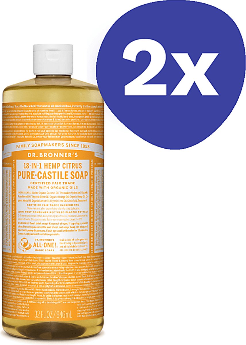 Dr. Bronner's Citrus Orange Vloeibare Zeep (2x 946ml)
