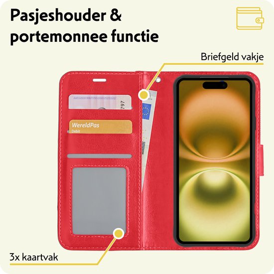 Hoesje - Met 2x Screenprotector - Geschikt voor Apple iPhone 16 Plus - Luxe Pasjeshouder - Bookcase Portemonee - Flip Case - Kunstleer Book Case - Flipcase Hoes - Book Cover - Walletcase - Portemonneehoes - Telefoonhoesjes - Rood