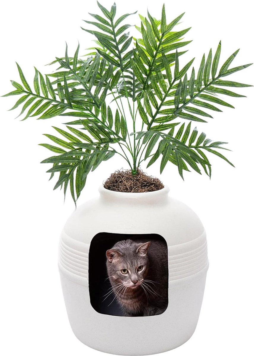 Originele verborgen kattenbak – Kunstplanten en ingesloten kattenplantenbak – Geventileerd en geurfilter – Makkelijk schoon te maken – Witte berk kattenbak