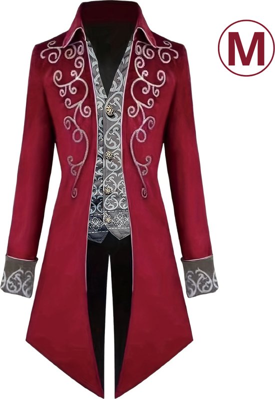 Veste queue-de-pie rouge avec volutes argentées sur le col et les manches, portée sur un gilet orné.