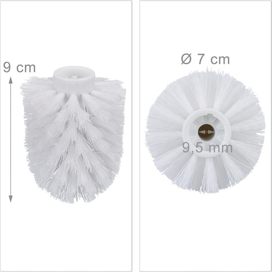 Twee witte toiletborstelkoppen, één met afmetingen van 9 cm hoog en de andere met een diameter van 7 cm en 9,5 mm schroefdraad.