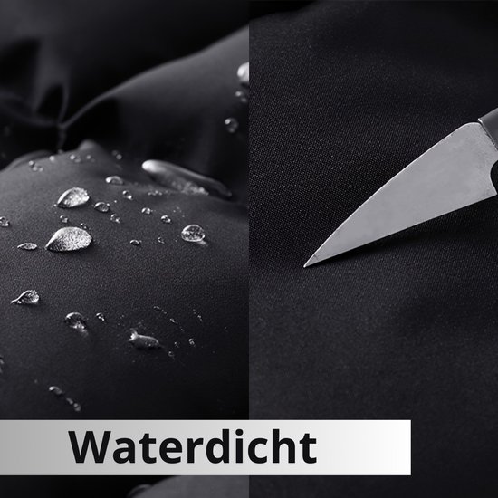 Détail de tissu noir avec des gouttes d'eau et la pointe d'un couteau. "Imperméable".