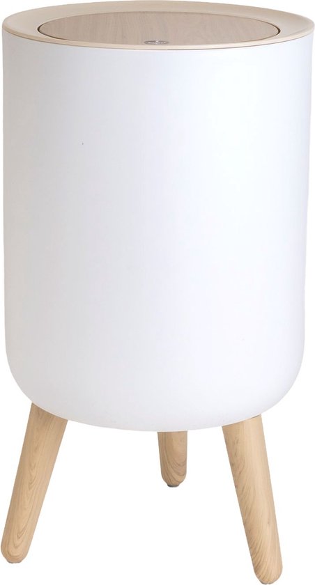 Intirilife cosmetic bin hoge afvalemmer in wit met beige deksel en bamboe-look - 22,2 x 36,4 cm - tafelemmer met drukknop opening voor badkamer kantoor keuken afvalemmer met krasbescherming
