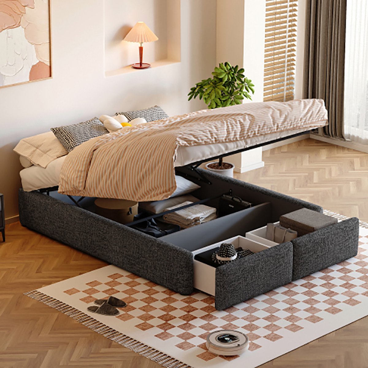 KOMHTOM Tweepersoonsbed Bed voor volwassenen bed 140x200 cm met hydraulische opbergruimte en 2 laden grijs