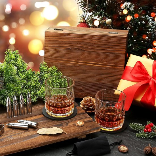 Whiskyglazen set - Whisky Geschenkdoos - Verjaardagscadeaus mannen - Roestvrij Staal Whisky Stones - Whisky Glas Set - Papa Kerstmis - Man van Flow Barware — afbeelding 5