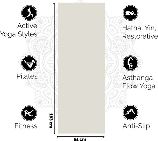 Een beige yogamat van 183cm x 61cm, met icoontjes die de geschiktheid voor verschillende yogastijlen, fitness en anti-slip tonen.