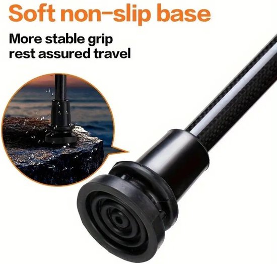 Detail van de antislipvoet van een zwarte carbon fiber wandelstok, met een inzetfoto op rotsen.