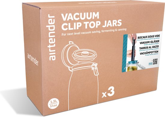 Airtender Vacuüm 1,5L Weckpotten | 3x Weckpot (1500ML) | 3x Vacuümdeksel | Vacuümpomp | Plastic vrij tot 5x langer bewaren! | O.a. voor koffie, koekjes, groente, fruit ... | De meal prep oplossing! | Alternatief voor plastic bakjes! | Made in Holland