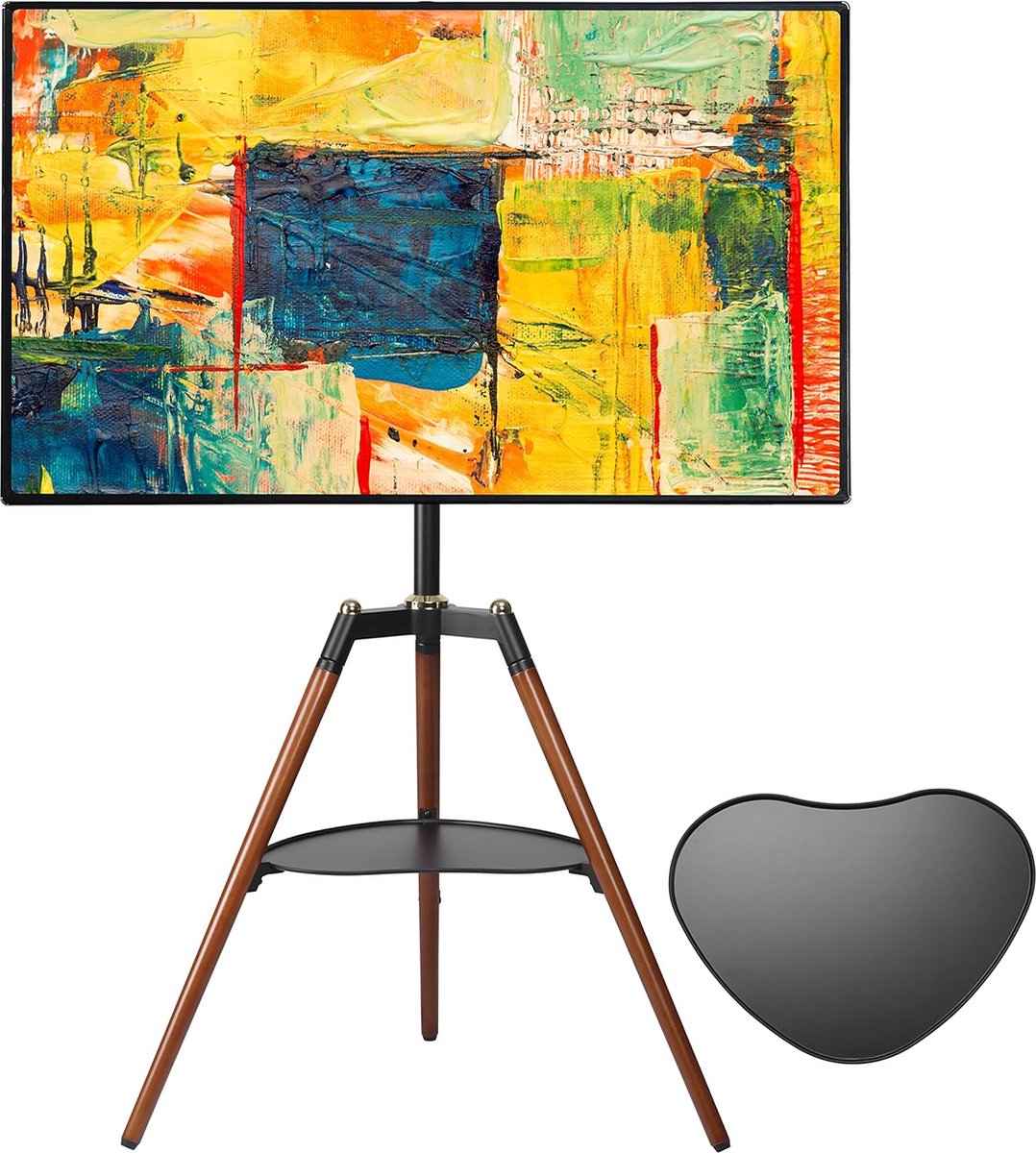 JGS® - Stijlvolle Tripod TV-Standaard, Modern Houten & Stalen Design, Geschikt voor 32-65 Inch Schermen, In Hoogte Verstelbaar met Verborgen Opbergruimte-