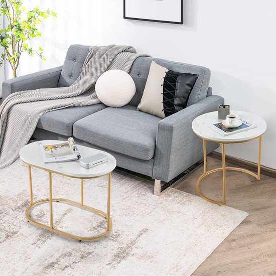 GIANTEX Set Van 2 Nestbare Bijzettafels - Marmer Look Goud - Ronde & Ovale Salontafel