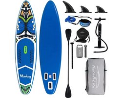 Eszenzics™ Sup board - Opblaasbaar surf board - Zitje - Pomp - 10L tas - 2 Paddles - Camera bevestiging - 3 Vinnen - Antislip - Tot 180kg - Blauw - 350x84x15 cm