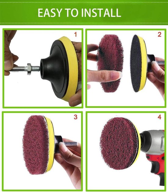 Instructions d'installation : une brosse vissée sur une perceuse.
