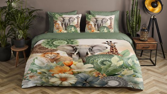 HIP Housse de couette "mandalas, fleurs & animaux de safari" - Vert - (240x200/220 cm) - Satin de Katoen