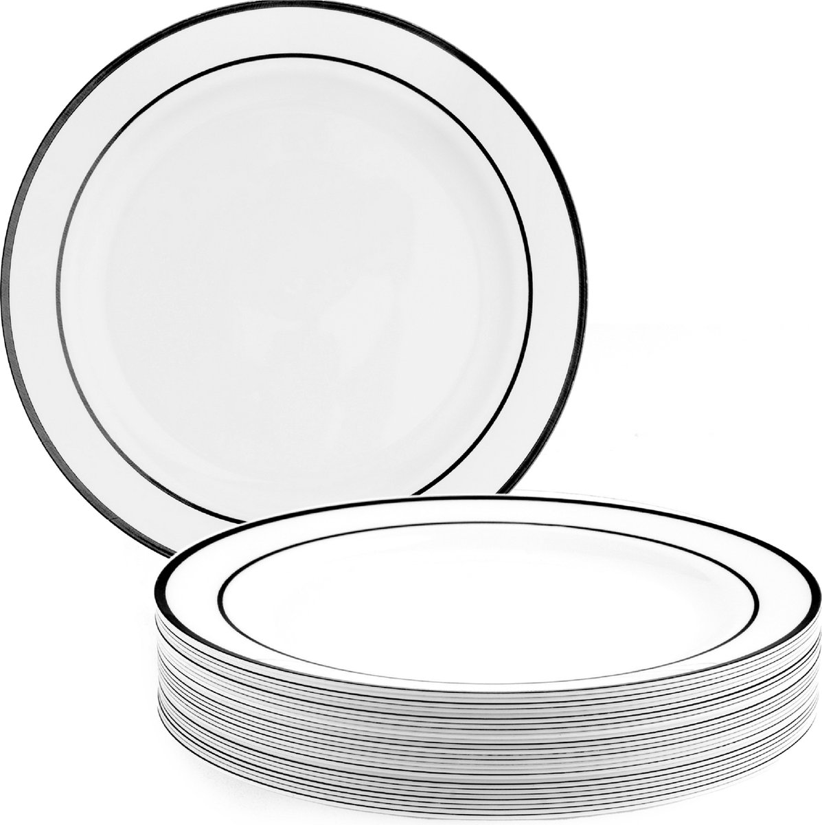 Matana – 25 Plastic Borden met Zwarte Rand, 26cm – Wit – Herbruikbaar & Stevig – Voor Bruiloften, Verjaardagen & Kerstmis