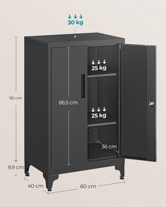 Zwarte metalen kast met twee deuren, één open. Afmetingen 60x40x90cm. Max 25kg per plank.