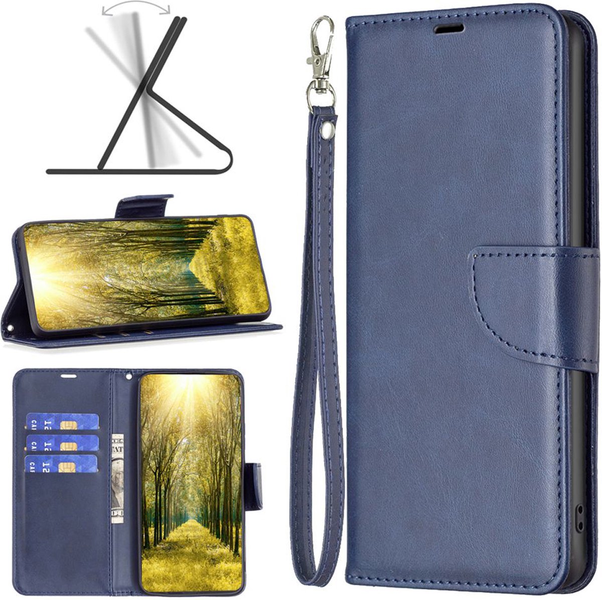 MobyDefend Hoesje - Geschikt voor iPhone 16 Pro - Wallet Book Case Met Koord - Blauw