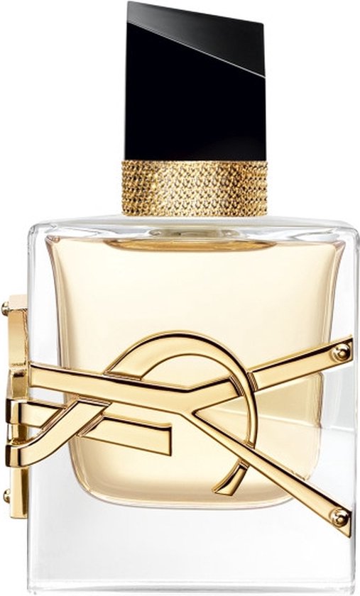 Glazen parfumfles met gouden 'YSL'-logo, gouden geciseleerde hals en zwarte schuine dop.