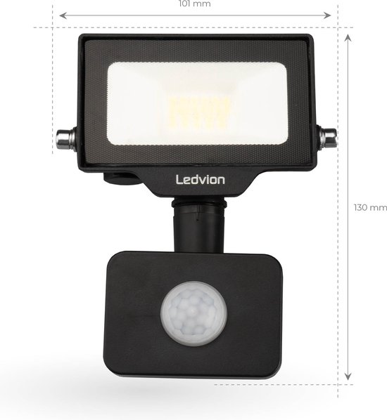 Dimensions du projecteur LED noir avec détecteur de mouvement : 101x130 mm.