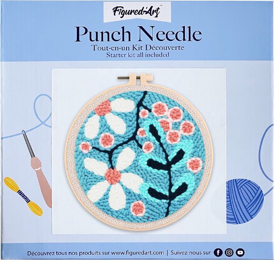 Figured'Art Punch Needle Kit voor Volwassenen en Kinderen - Een spreiding van witte bloemen - Perfect voor Beginners. Compleet klaar-om-te-borduren set, maat 20x20 cm met ronde frame