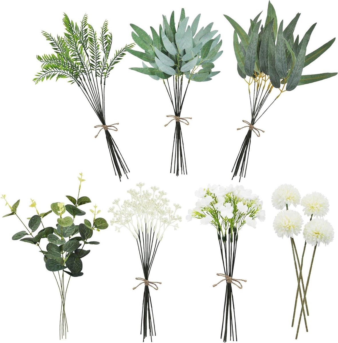 59 stuks kunsttakken en bloemen - witte kunstbloemen - groene bladeren - kunstdecoratie - eucalyptus - hortensia's - doe-het-zelf boeket - bruidsboeket - boeket - kunstboeket - bruiloft kunstboeket