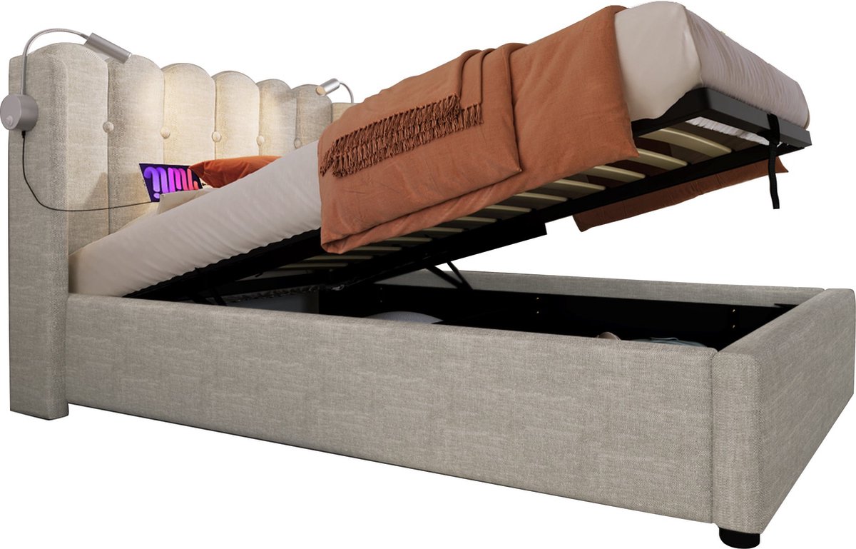 Merax Gestoffeerd Bed 90x200 cm - Fluweel - Eenpersoonsbed met Leeslamp en Hydraulisch Lat