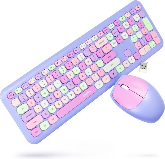 Toetsenbord en Muis Set QWERTY Retro - Draadloos - USB- C-- Stil Toetsenbord - Retro Paars - Gaming Toetsenbord - Silvergear