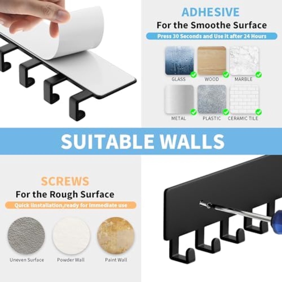Koolstofstaal Sleutelhaken 2 Stuks Sleutelhanger Voor Aan De Muur – Sleutelrek Met 6 Haken En Lade, Koolstofstaal, Zwart Katten Design Eenvoudige Montage Schroeven