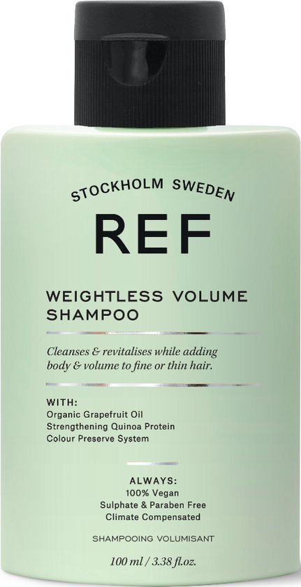 Licht mintgroene fles REF Weightless Volume Shampoo 100 ml, met zwarte dop.