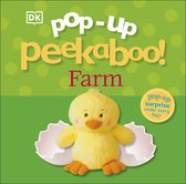 Een gele knuffelkuiken met rode wangen, zittend in een witte gebroken eierschaal. 'Pop Up Peekaboo Farm'.