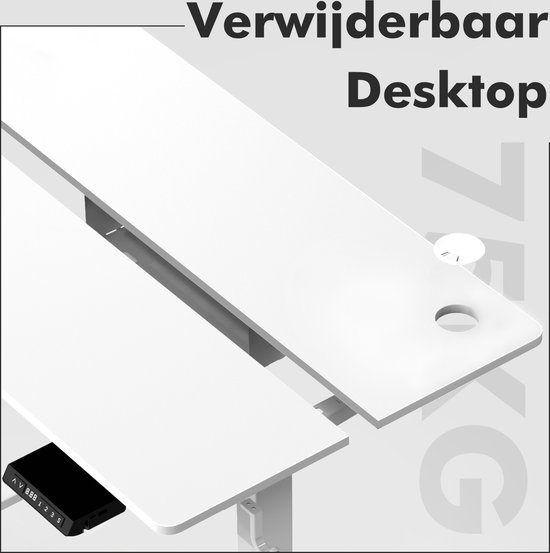 Detail van het witte, afneembare bureaublad van een zit-sta bureau met kabeldoorvoer. Bedieningspaneel zichtbaar.