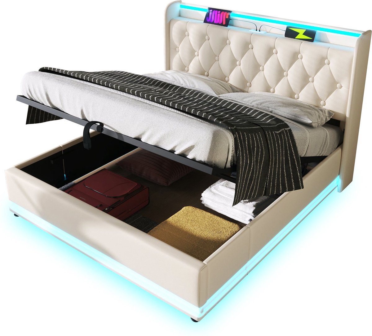 Merax Tweepersoonsbed 160x200 cm met 360° LED-Verlichting en USB-C Aansluiting - Kunstleer Gestoffeerd Queensize Bed met Hydraulische Opslagfunctie - Wit
