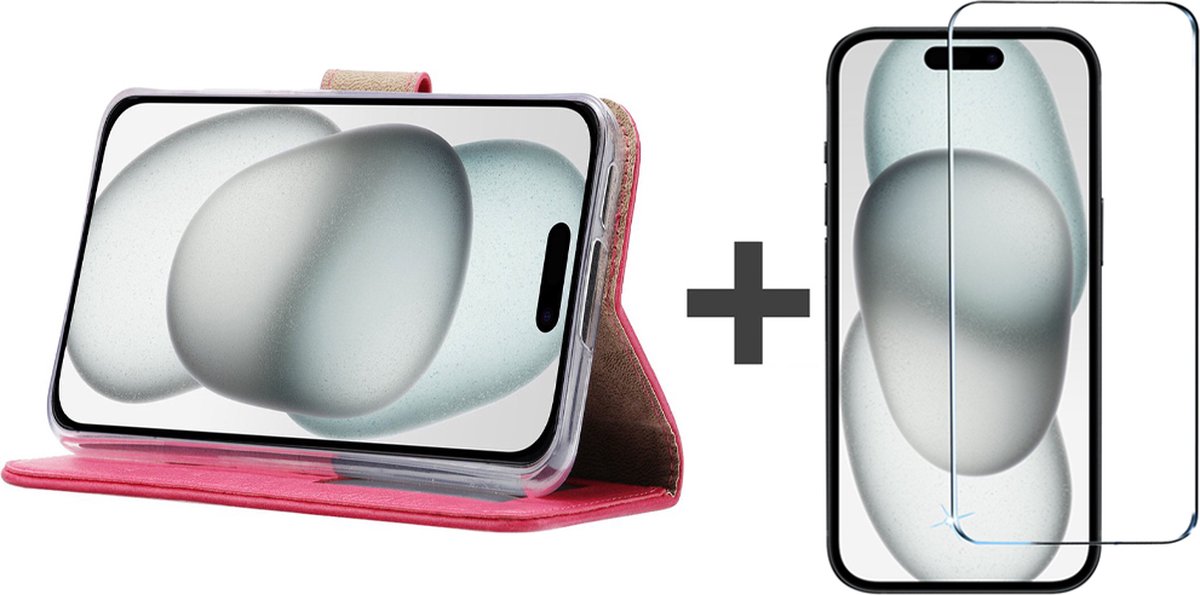 BixB hoesje met Screenprotector Geschikt voor iPhone 15 – bookcase met pasjeshouder - Roze